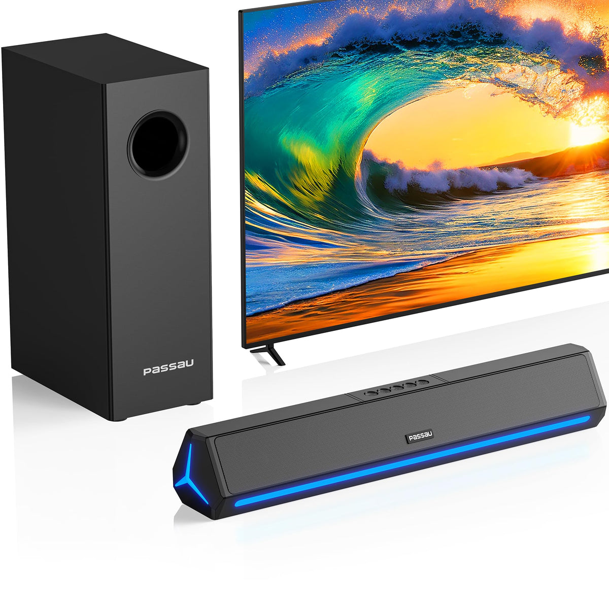 Passau Sound Bar for Smart TV with Subwoofer 2.1ch TV Speakers Small Soundbar Deep Bass PC Gaming Monitor Sound Bars Bluetooth/AUX/HDMI(ARC) Connection-16 Inch