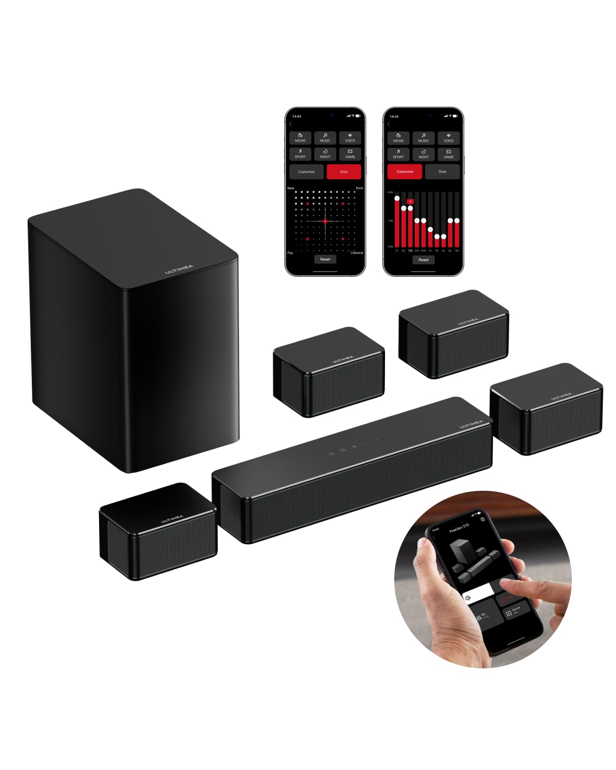 ULTIMEA 7.1 Soundbars Virtual Surround Sound System for TV App Control Soundbar for Smart TV with Wireless Subwoofer 4 Wired Surround Speakers Peak Power 410W Home Theater Sound System 2025