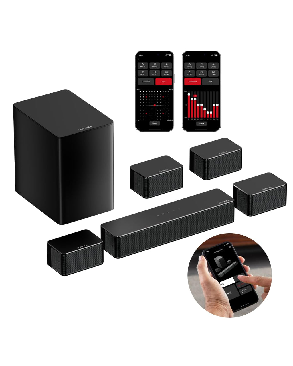 ULTIMEA 7.1 Soundbars Virtual Surround Sound System for TV App Control Soundbar for Smart TV with Wireless Subwoofer 4 Wired Surround Speakers Peak Power 410W Home Theater Sound System 2025