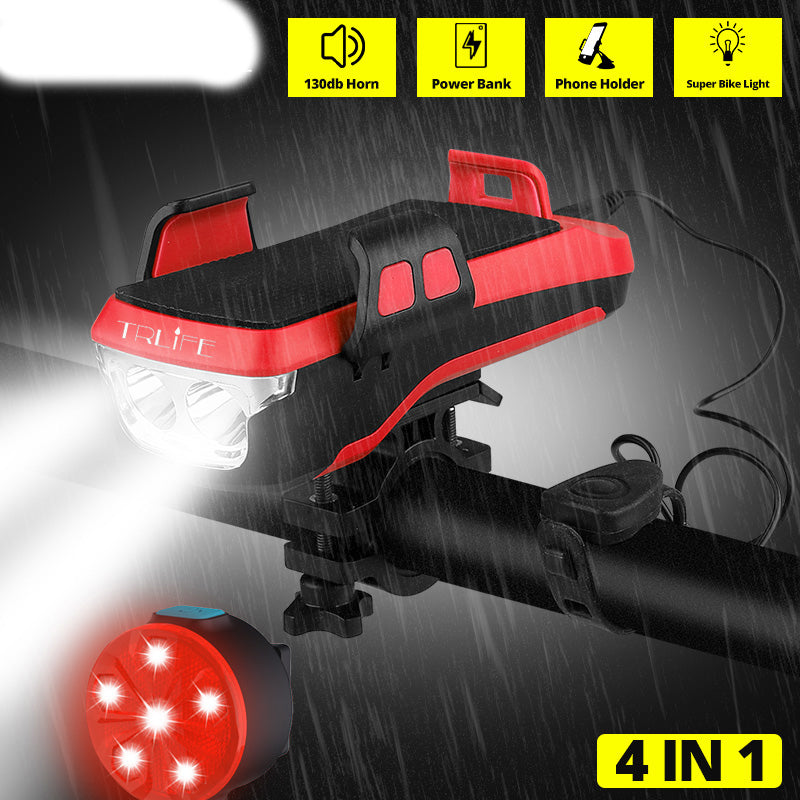 USB Rechargeable Bike Light with Phone Holder and Horn