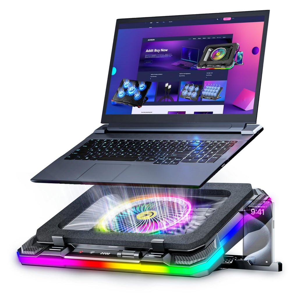 AICHESON Gaming Laptop Cooling Pad with Full RGB Lights Powerful Cooler Fan Stand for 15-19 inch Gamer Heavy Duty Laptops and PC Computers